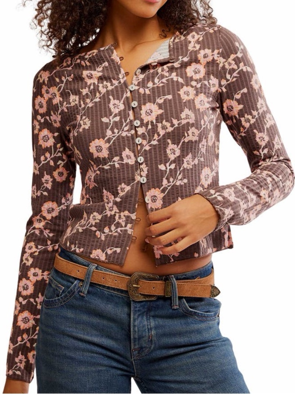 Free People Tilly Printed Long Sleeve Floral Ribbed Top Chocolate Combo-Size XS